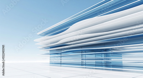 Futuristic minimalist building structure visualized in 3d with translucent white and blue glass-inspired panels photo