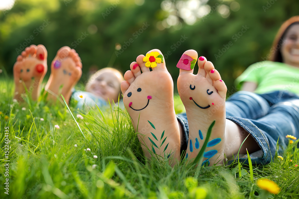 Fototapeta premium Colourful Easter eggs, including yellow and pink, nestled in green grass and held in a child's hand, celebrate the spring holiday with toy chicks ai generated