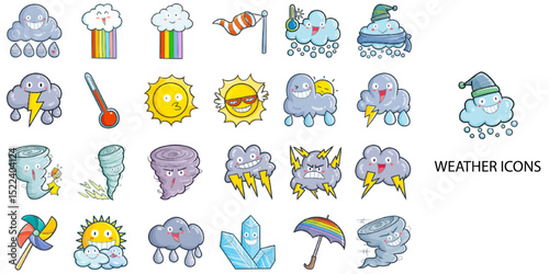 Weather simple concept 24 hand drawn color icons set .Vector illustration.