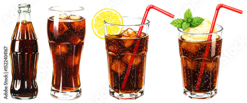 コーラの水彩風イラスト グラスや瓶に入ってレモンとバニラアイスクリームとミントの乗った冷たい飲み物