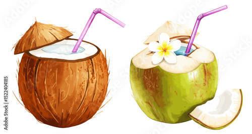 ココナッツドリンクの水彩イラスト 南国リゾートのトロピカルな飲み物