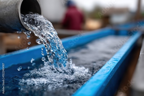 Water cascades from a gray pipe into a bright blue trough at a rural water system facility on a cloudy day, highlighting the importance of water infrastructure in the community