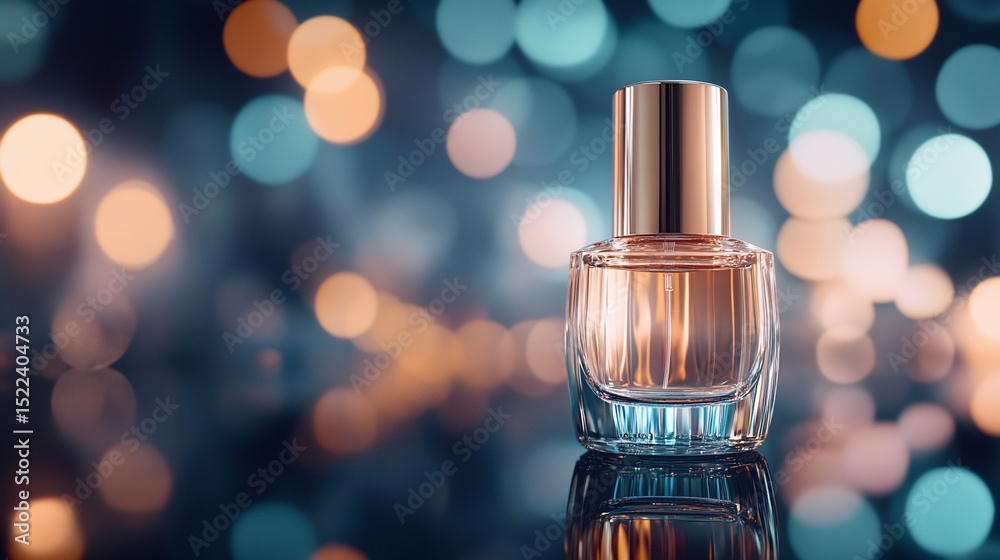 Naklejka premium Elegant Perfume Bottle with golden lid on a reflective surface with a bokeh background
