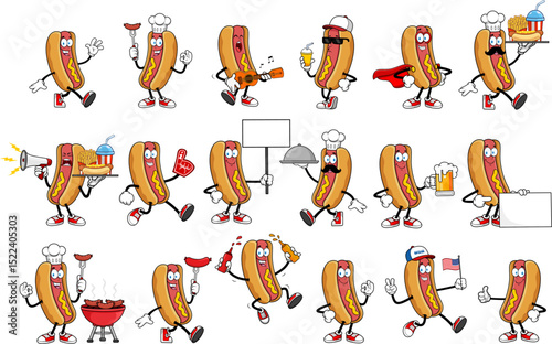 Hot Dog Cartoon Mascot Character. Vector Hand Drawn Collection Set Isolated On Transparent Background