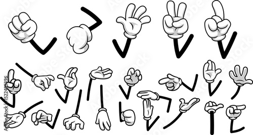 Retro Cartoon White Gloves Hands Collection In Expressive Gestures And Arm Poses – Vector Hand Drawn Collection Set Isolated On Transparent Background