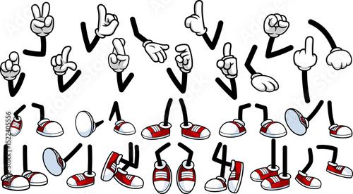 Retro Cartoon Character Arms And Legs With Gloves And Sneakers – Vector Hand Drawn Collection Set Isolated On Transparent Background