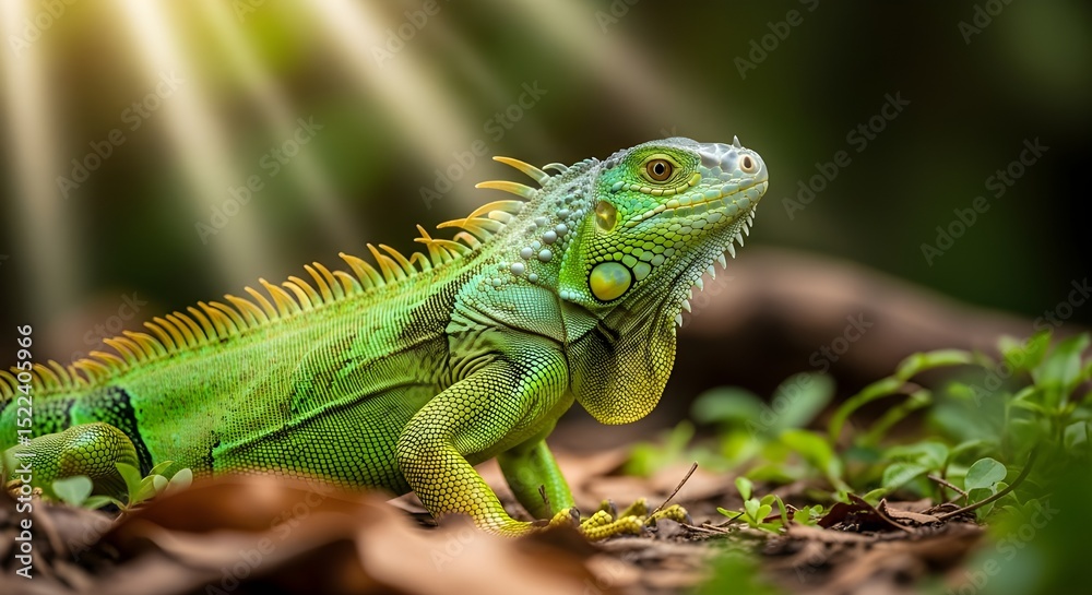 Fototapeta premium Green and yellow cute iguana african forest 