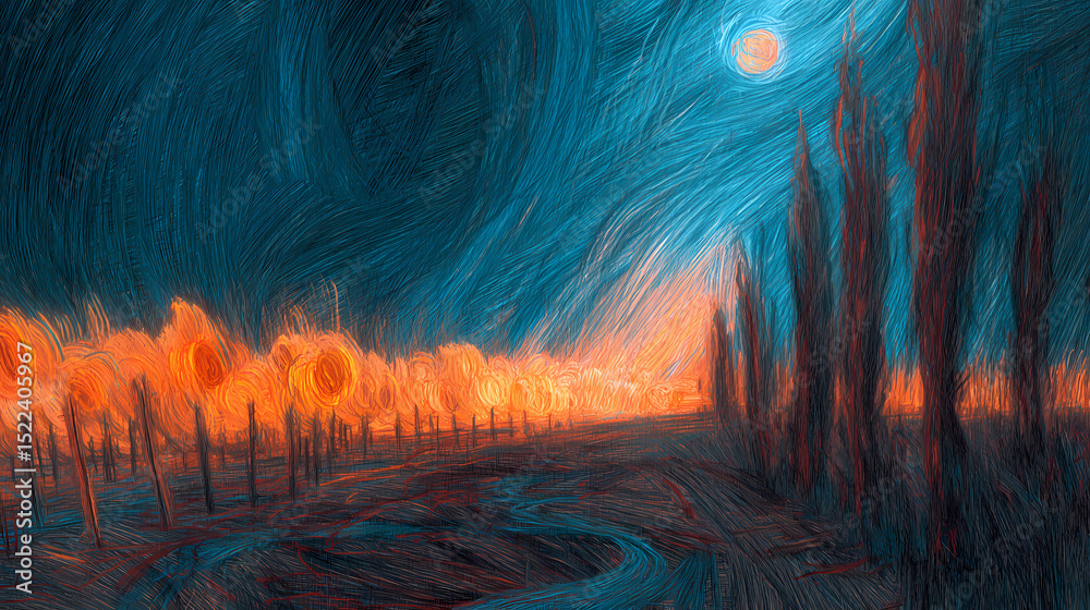 Fototapeta premium emotive visual for modern spirituality article | night as psyche | restless longing | Prussian blue and orange | curved horizon lines | burning sunflowers | vortex movement | textural buildup |