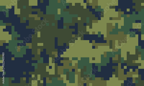 Abstract digital camouflage pattern.  Perfect for backgrounds, textiles, or militarythemed designs.  The pixelated texture offers a modern, geometric feel, representing concealment and strategy.
