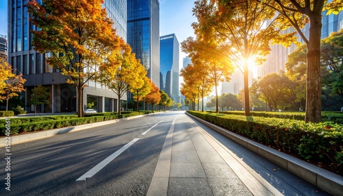 Autumnal Urban Oasis: Sunlit City Street with Vibrant Fall Foliage