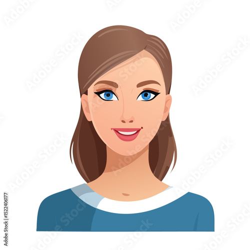 Flat Vector. Portrait of only one Woman. Simple Background.