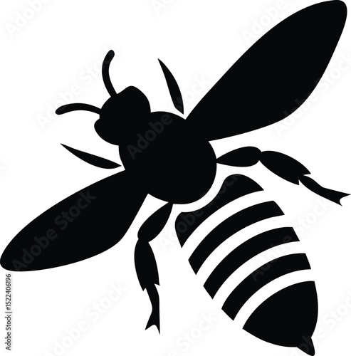 Black and White Silhouette of a Honeybee with Stripes on its Abdomen Flying