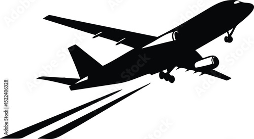 Black and White Silhouette of a Passenger Airplane Taking Off with Landing Gear Down