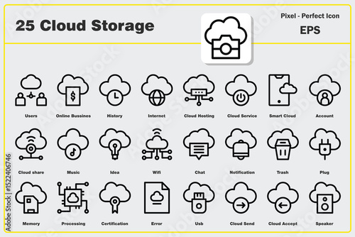 Cloud Storage icon set. Editable Stroke Icon Collection. storage, data, server, network, backup, online, digital, file. Outline icons, icon, icon pack, vector collection.