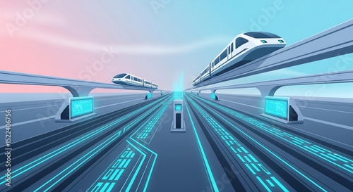 A visionary AI-powered transportation hub featuring levitating monorails, dynamic neon data lanes, and futuristic technology
