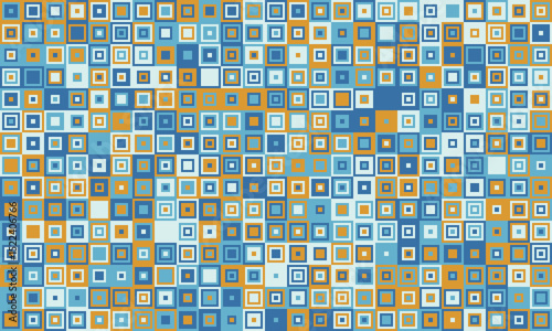 Abstract geometric pattern of variedsized squares in calming blue and gold hues.  Perfect for backgrounds, website design, or textile prints.  Evokes a sense of order and subtle movement.