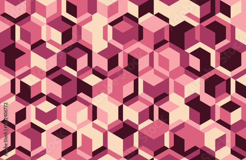Abstract geometric pattern.  Intricate design of pink and maroon 3D cubes creates a dynamic, modern texture. Ideal for backgrounds, website design, or textile prints.
