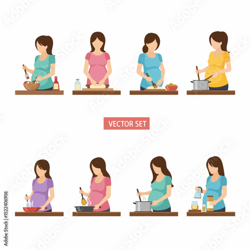 Pregnant women cooking different meals set