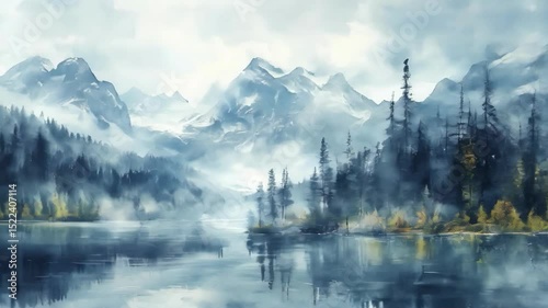 A watercolor painting of a melting glacier, with its water nourishing a growing forest below, symbolizing climate impact on water cycles. Soft tones convey the vulnerability of ice caps