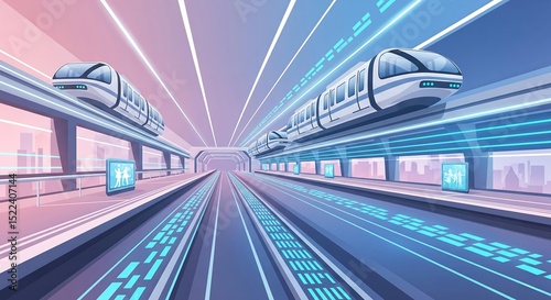Visionary AI monorail station showcasing floating trains, glowing neon data highways, and futuristic design