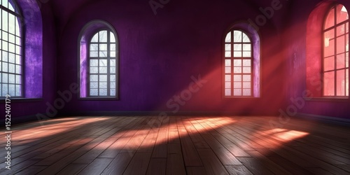 Sunlit Arches Abstract Room Featuring Hardwood Floor and Purple Walls with Ornate Windows and Light