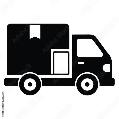 Delivery Truck Icon Black Silhouette of Van with Package, Shipping and Transportation