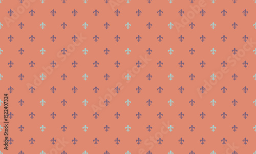 Elegant coral background featuring a repeating pattern of stylized fleurdelis in muted purple and green.  Perfect for website design, textile prints, or as a decorative element.