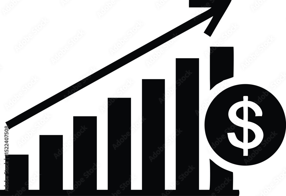 Black Diagram Showing Growing Bars, Upward Arrow, and a Dollar Sign Coin