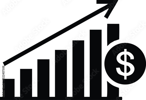 Black Diagram Showing Growing Bars, Upward Arrow, and a Dollar Sign Coin