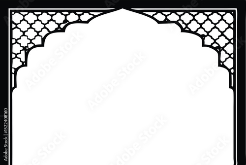 Black Geometric Mughal Archway Isolated on White Background with Intricate Lattice Details