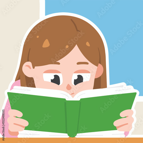 Illustration of a Girl Reading a Green Book