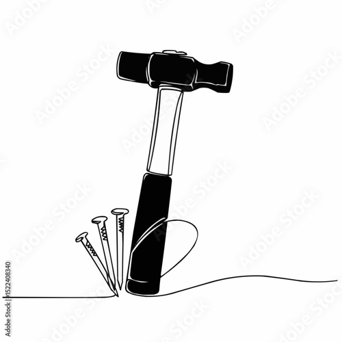 A hammer driving nails into a surface, depicted in a minimalist line drawing.