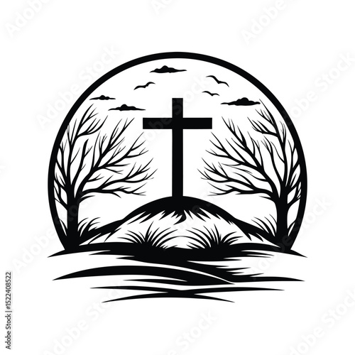Silhouette Cross on Hill, Leafless Trees, Birds, Clouds, Circle Black & White