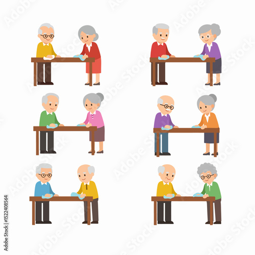 Seniors cleaning table together in flat style