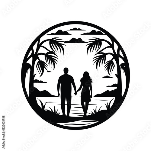 Couple Silhouette Holding Hands, Round with Palm Trees, Beach, Sky Black on White