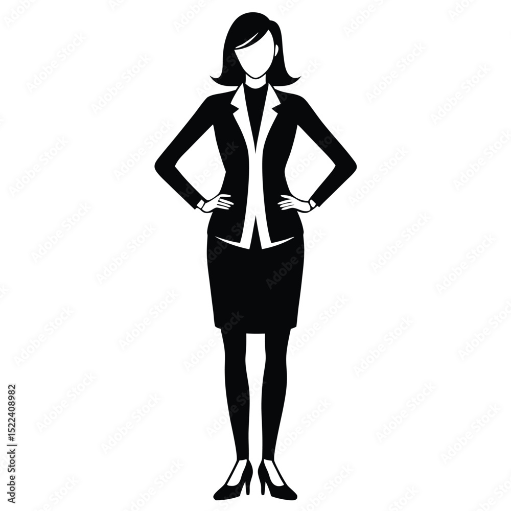 Fototapeta premium Black Silhouette Confident Businesswoman Stands With Hands on Hips, Complete Outfit