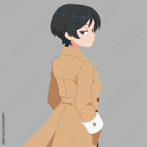 Stylish Anime Character Wearing Beige Trench Coat and White Shirt