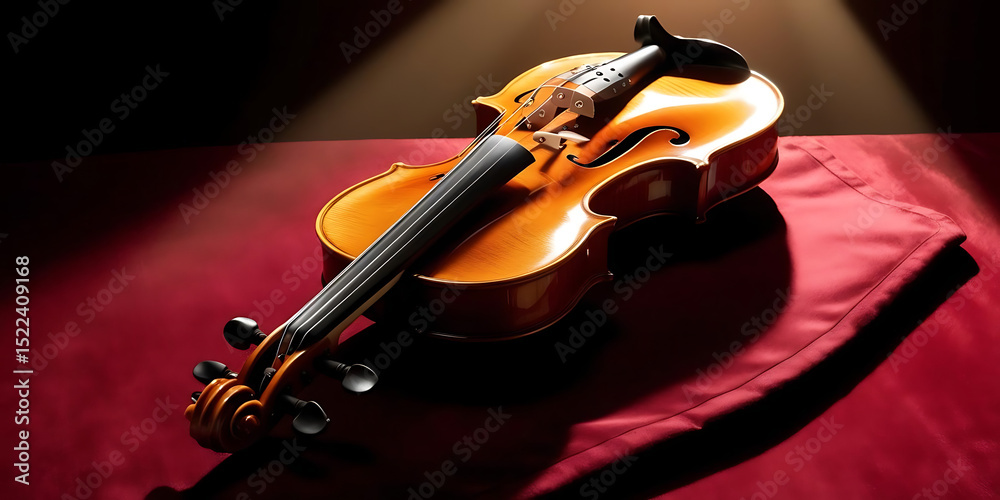Fototapeta premium Polished Wooden Violin on Red Fabric with Soft Spotlight