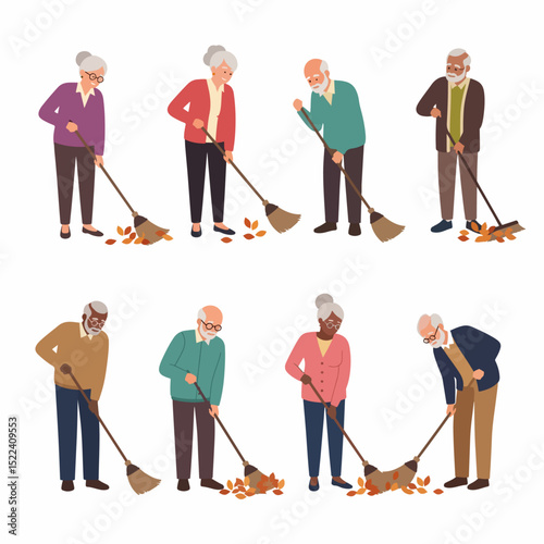 Elderly people sweeping leaves in autumn season
