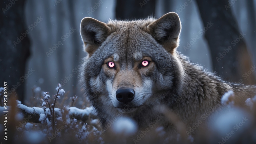 Obraz premium A close-up of a wolf with striking glowing eyes in a snowy forest during winter, capturing its fierce beauty and wild nature