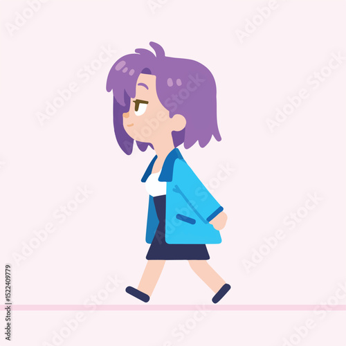 Animated Character with Purple Hair Walking Forward Wearing Blue Jacket