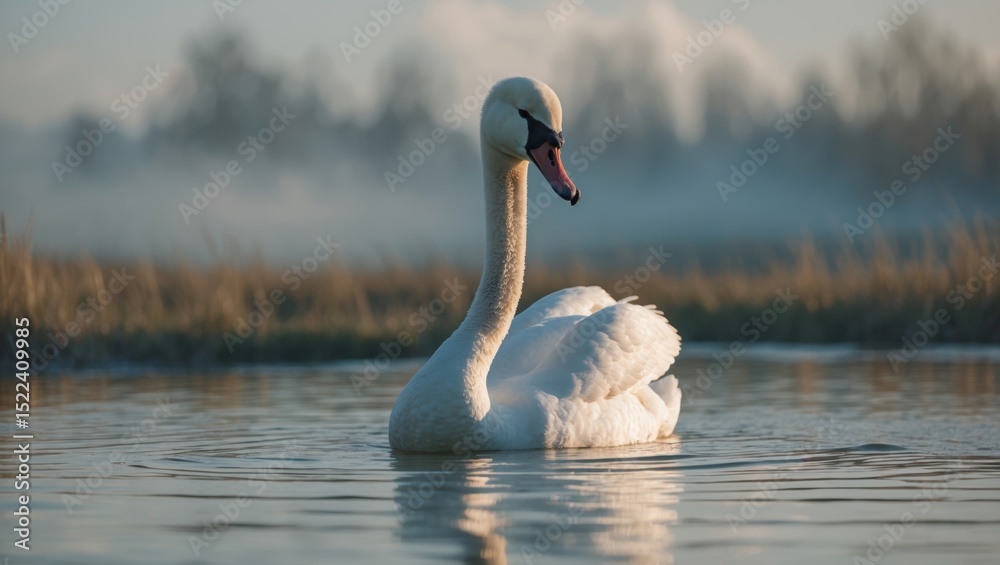 Obraz premium A majestic swan gliding gracefully on a serene lake surrounded by misty wetlands at dawn