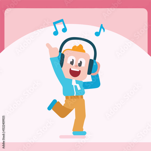 Happy Character Dancing With Headphones Listening to Music