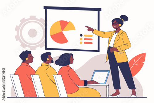 Business presentation featuring a female presenter and a diverse audience with charts on a screen