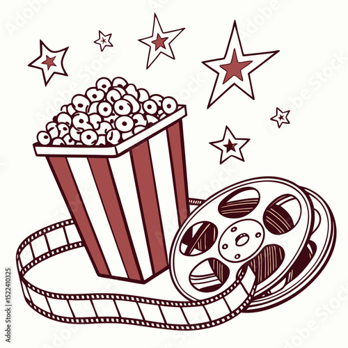 Cinema night entertainment illustration depicting popcorn film reel and stars on a white background