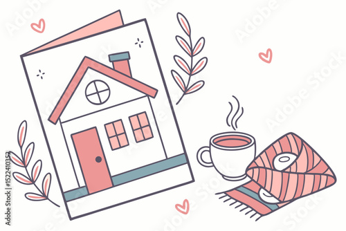 Cozy home concept with a house illustration, warm drink, and winter scarf design element