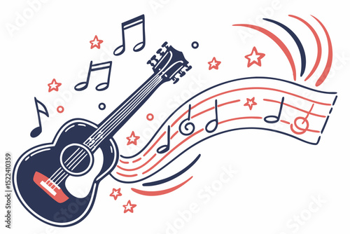 Decorative illustration featuring a guitar musical notes and stars with artistic linear style elements