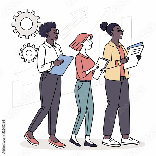 Diverse team of professionals walking together holding documents for business and collaboration concepts
