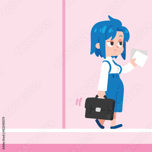 Cartoon Character with Blue Hair Walking with Briefcase and Notebook
