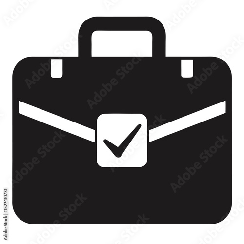 Black Briefcase Icon with Checkmark Symbol on Closure, Isolated on White Background